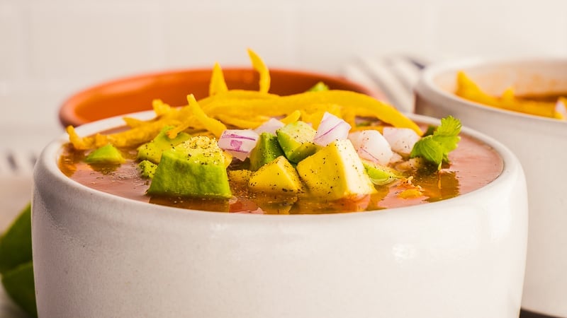 Instant Pot Chicken Tortilla Soup in white bowl