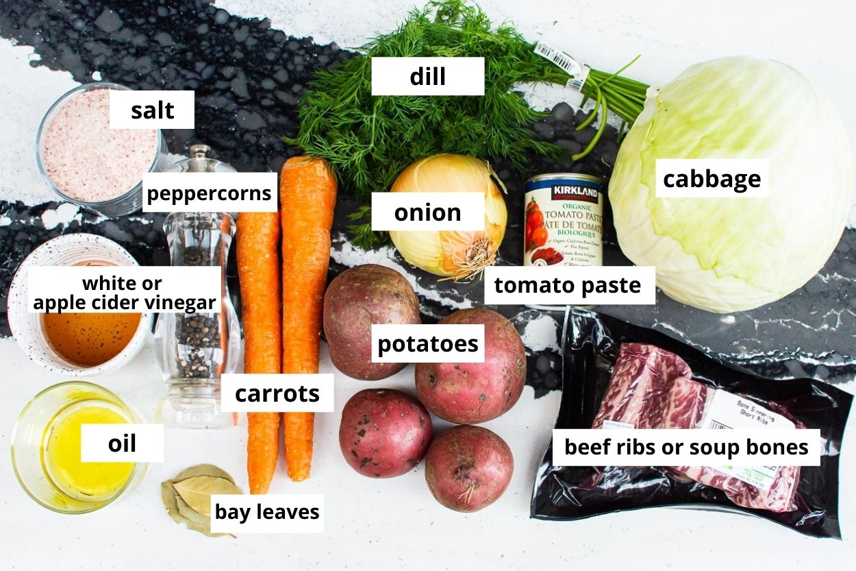 Beef ribs, cabbage, onion, carrots, potatoes, dill, vinegar and seasonings.