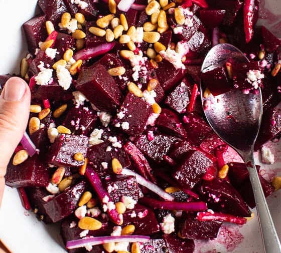 Beets with Goat Cheese and Pine Nuts