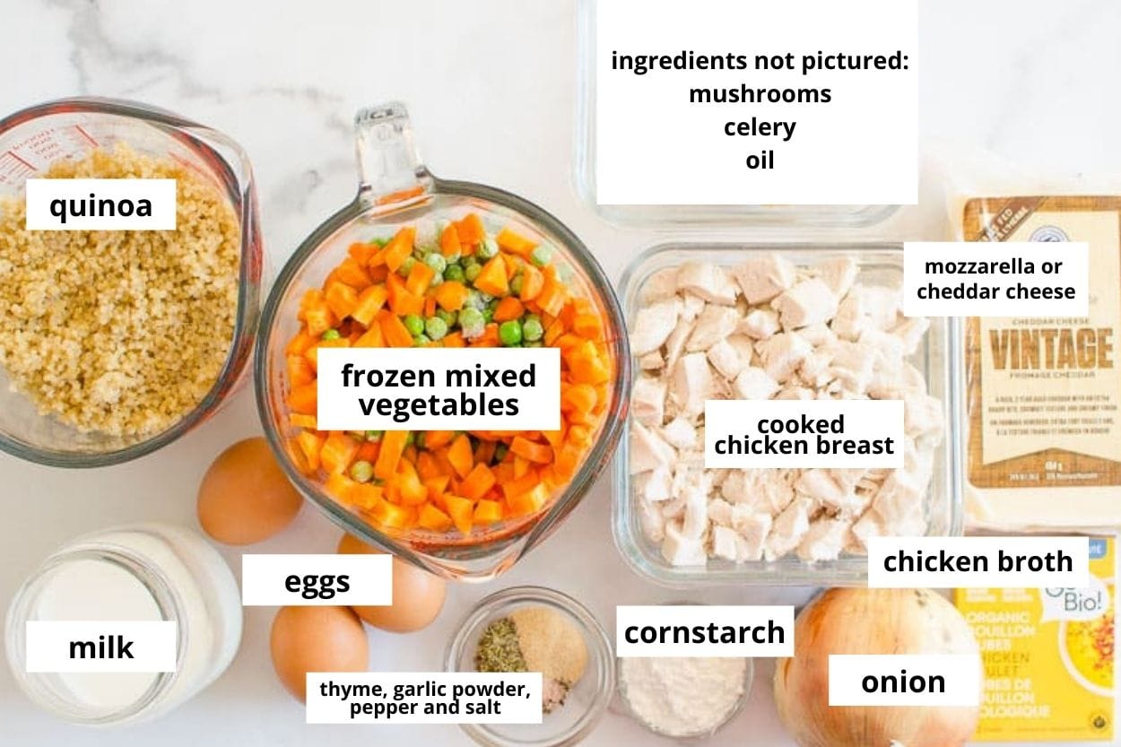 Frozen mixed vegetables cooked quinoa cheese cooked chicken onion broth eggs milk and seasonings to show ingredients.