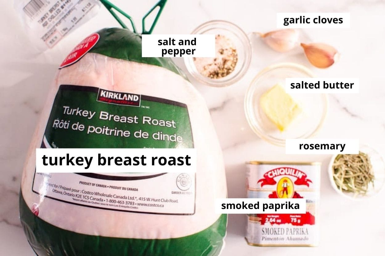 Bone in turkey breast roast, salted butter, garlic, rosemary, smoked paprika, salt and pepper.