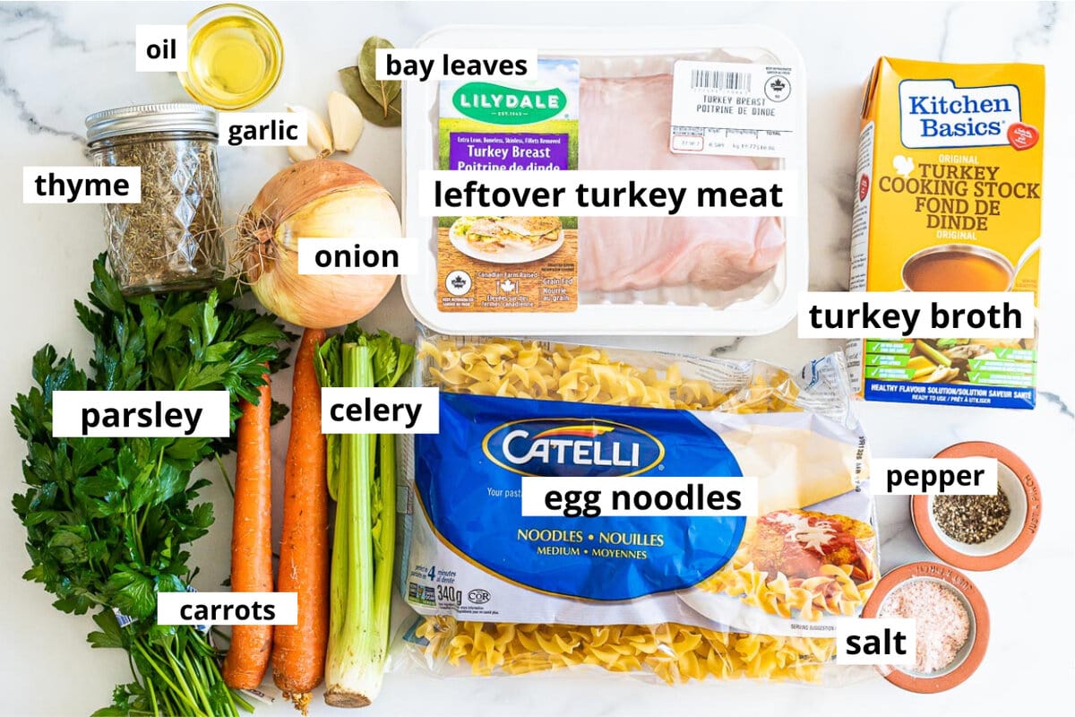 Turkey meat, egg noodles, carrots, celery, salt and pepper, onion, oil, turkey broth, parsley, bay leaves.
