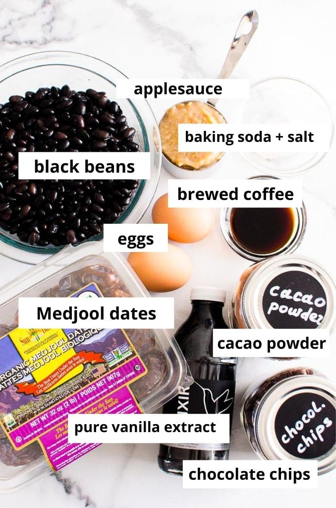 Black beans, applesauce, coffee, medjool dates, eggs, cacao powder, chocolate chips, baking soda, salt and vanilla extract.