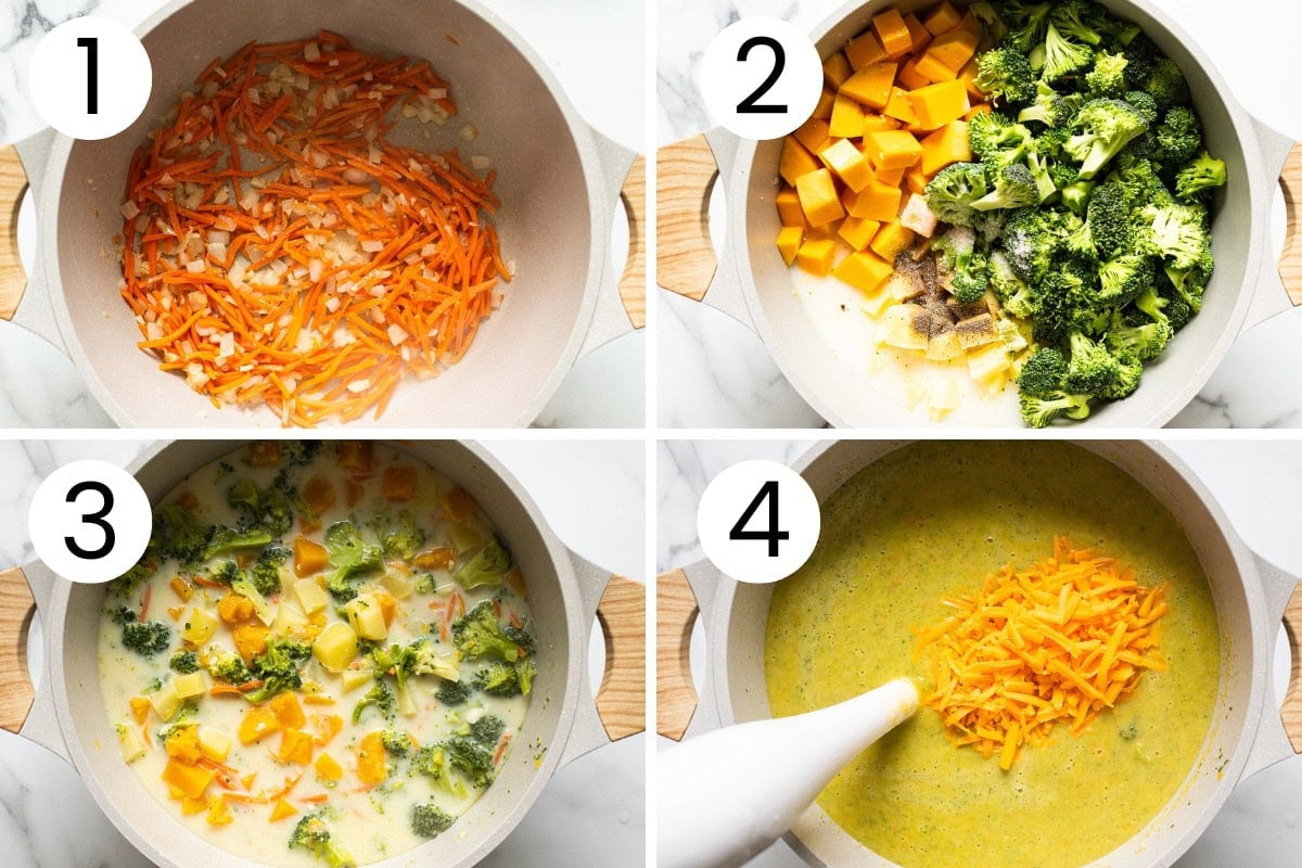 Step by step process how to make healthy broccoli cheddar soup.