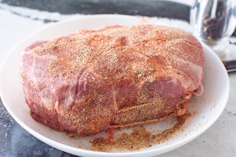 Seasoned uncooked pork roast with twine on a plate. 