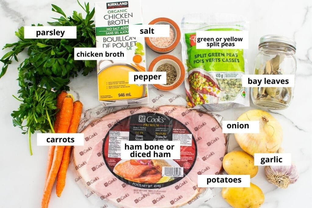 Ham, carrots, potatoes, onions, split green peas, chicken broth.