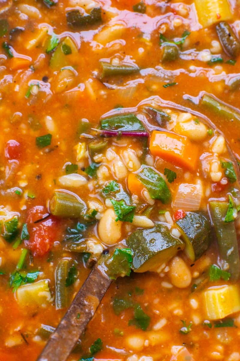 Minestrone Soup closeup on a ladle