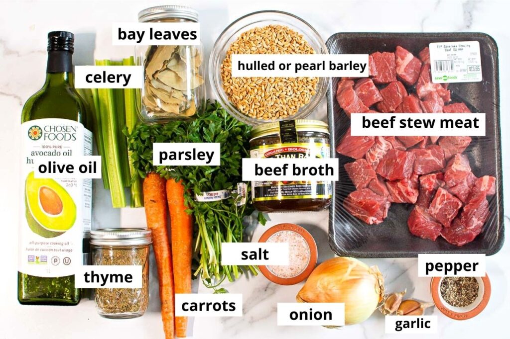 instant pot beef barley soup ingredients with vegetables and stew meat