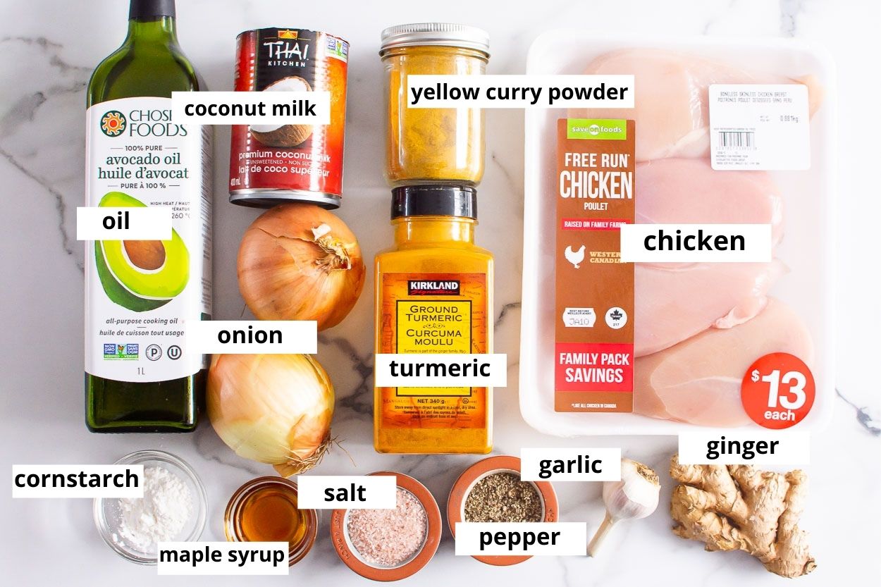 Yellow curry powder, turmeric, onion coconut milk, ginger, chicken breasts, oil, .