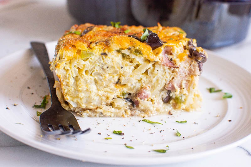 a slice of hashbrown breakfast casserole on a plate
