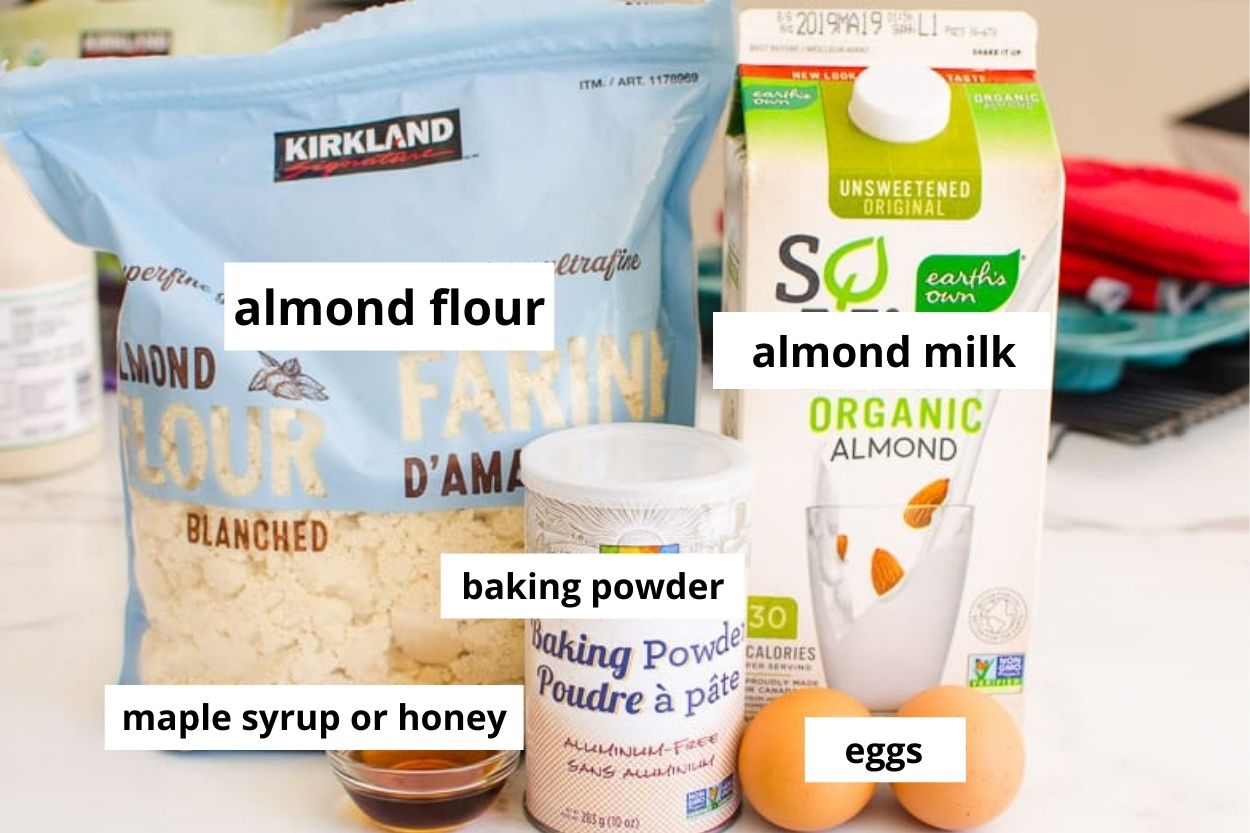 Almond flour, eggs, baking powder, almond milk, maple syrup.