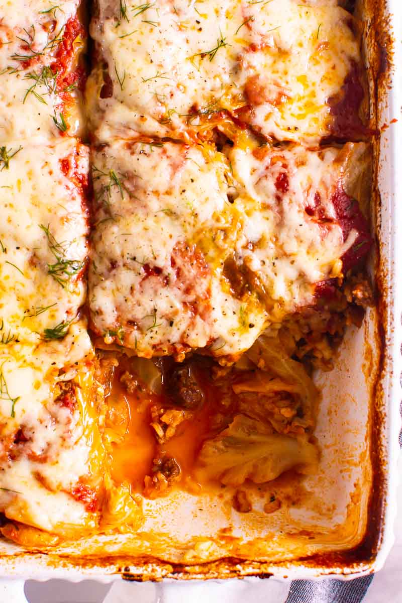 cabbage roll casserole sliced in baking dish