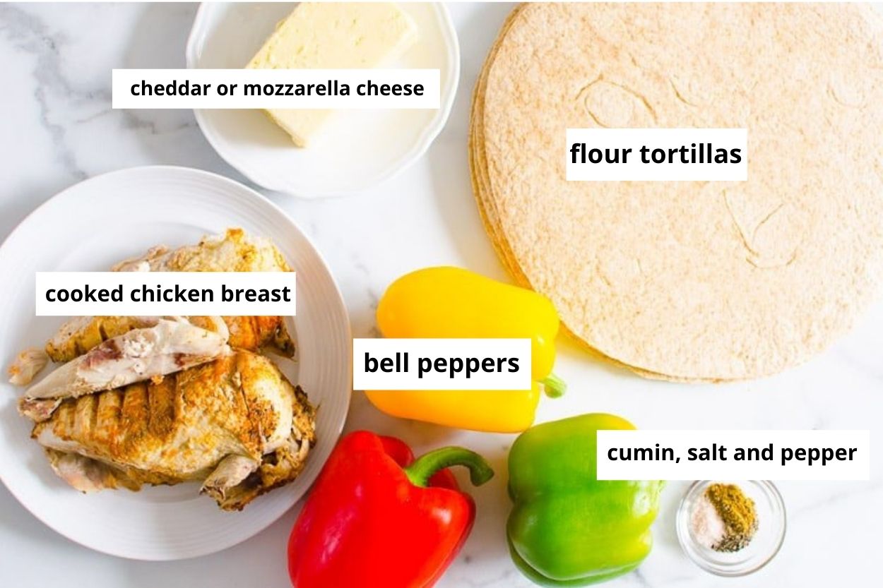 Cooked chicken, cheese, bell peppers, flour tortillas and seasoning.