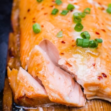 Grilled cedar plank salmon flaked with a fork and garnished with green onion.