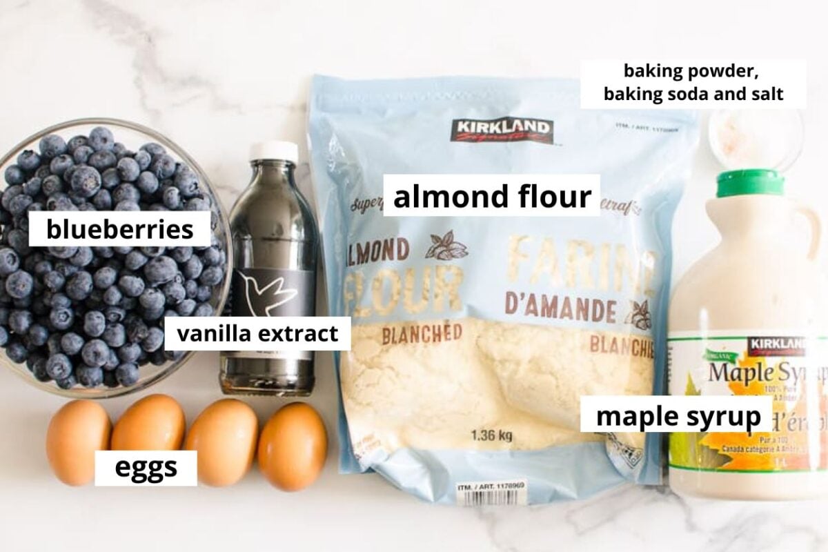 Almond flour, blueberries, eggs, maple syrup, vanilla extract and baking staples.