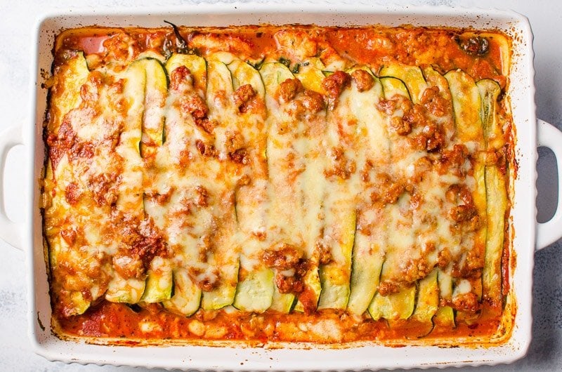 Zucchini lasagna in a baking dish.