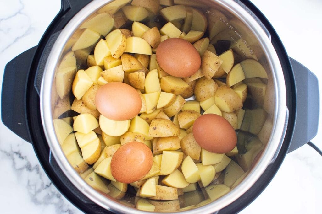 chopped potatoes and eggs in instant pot