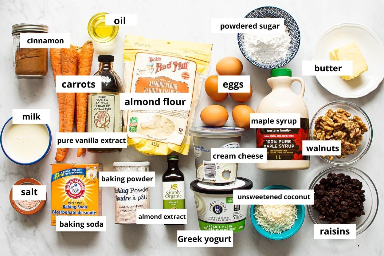 Carrots, almond flour, eggs, cinnamon, coconut flakes, raisins, walnuts, greek yogurt, cream cheese, sugar, butter, baking staples, spices.