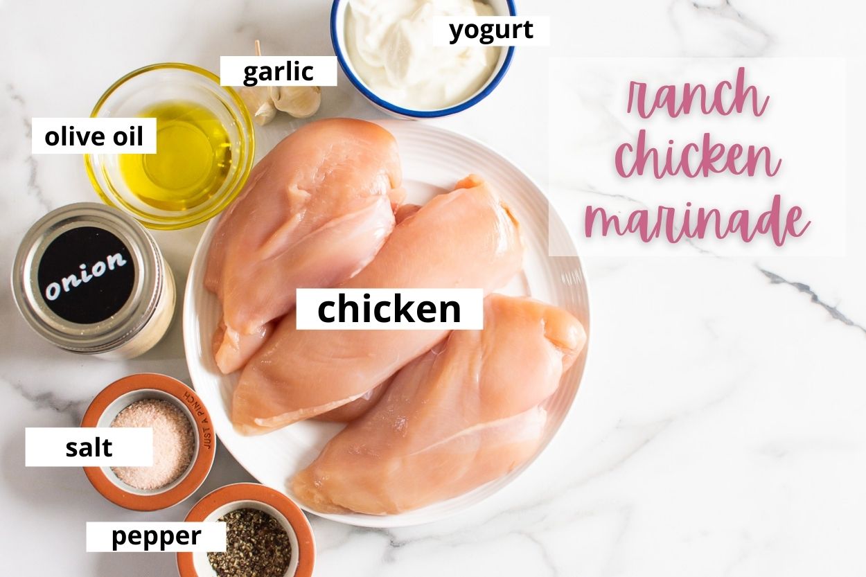 Chicken breasts, yogurt, garlic, olive oil, onion powder, salt and pepper.