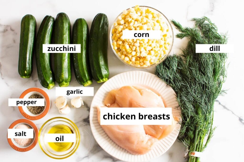 Chicken breast, corn, zucchini, garlic and dill.