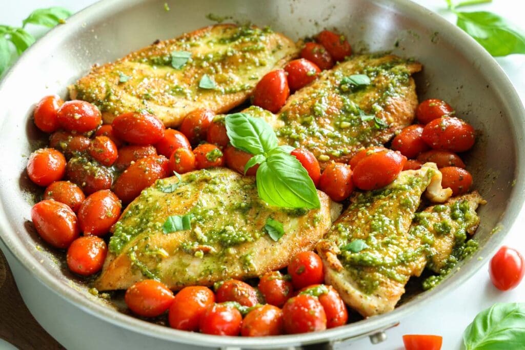 Horizontal image of Pesto Chicken in a pan with cherry tomatoes and basil