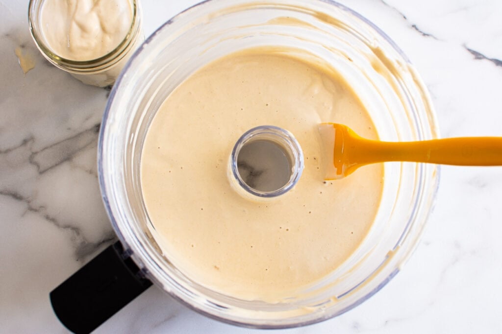 tahini sauce in food processor for quinoa falafel recipe