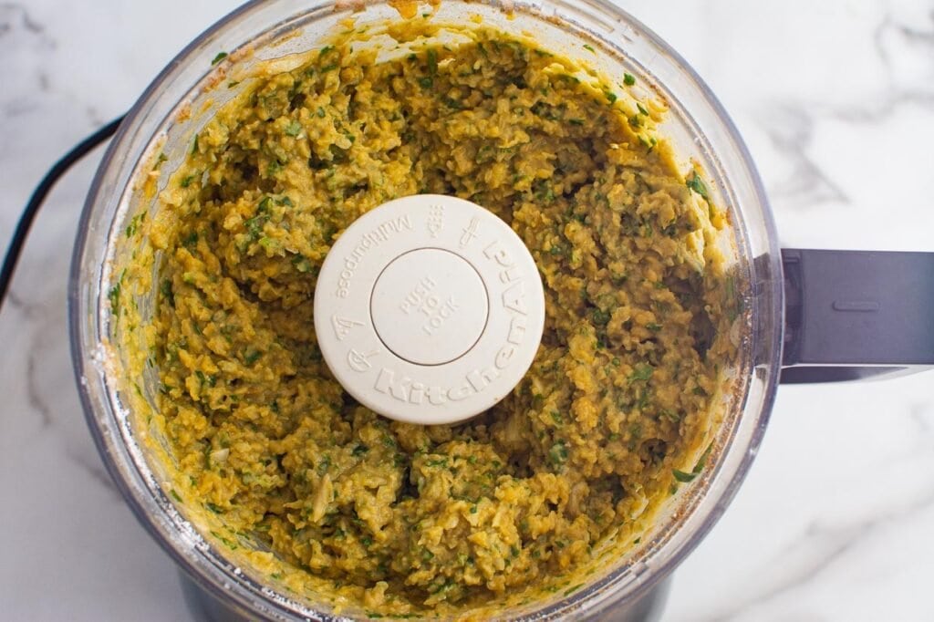 falafel recipe in food processor being mixed up