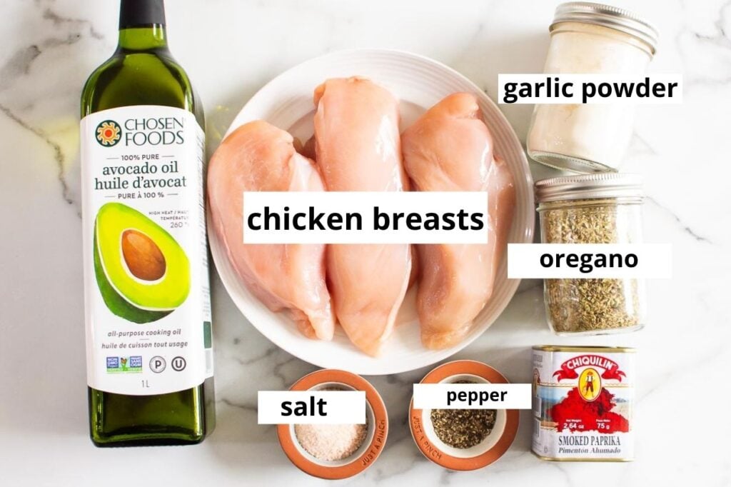 avocado oil, chicken breasts, smoked paprika, garlic powder, oregano, salt, pepper