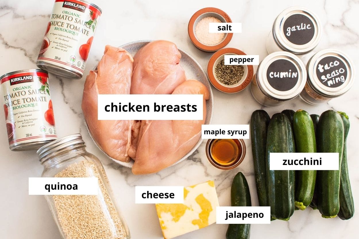 Chicken breasts, zucchini, tomato sauce, quinoa, cheese, jalapeno, spices.
