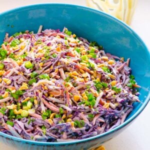 peanut slaw in blue bowl