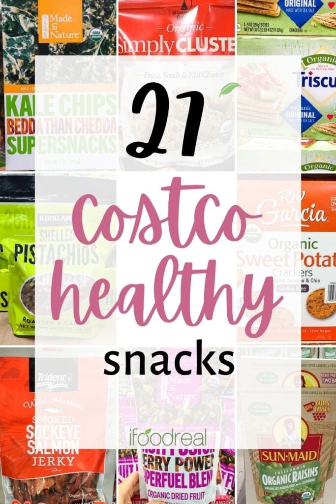 Costco healthy snacks with photos of snacks.