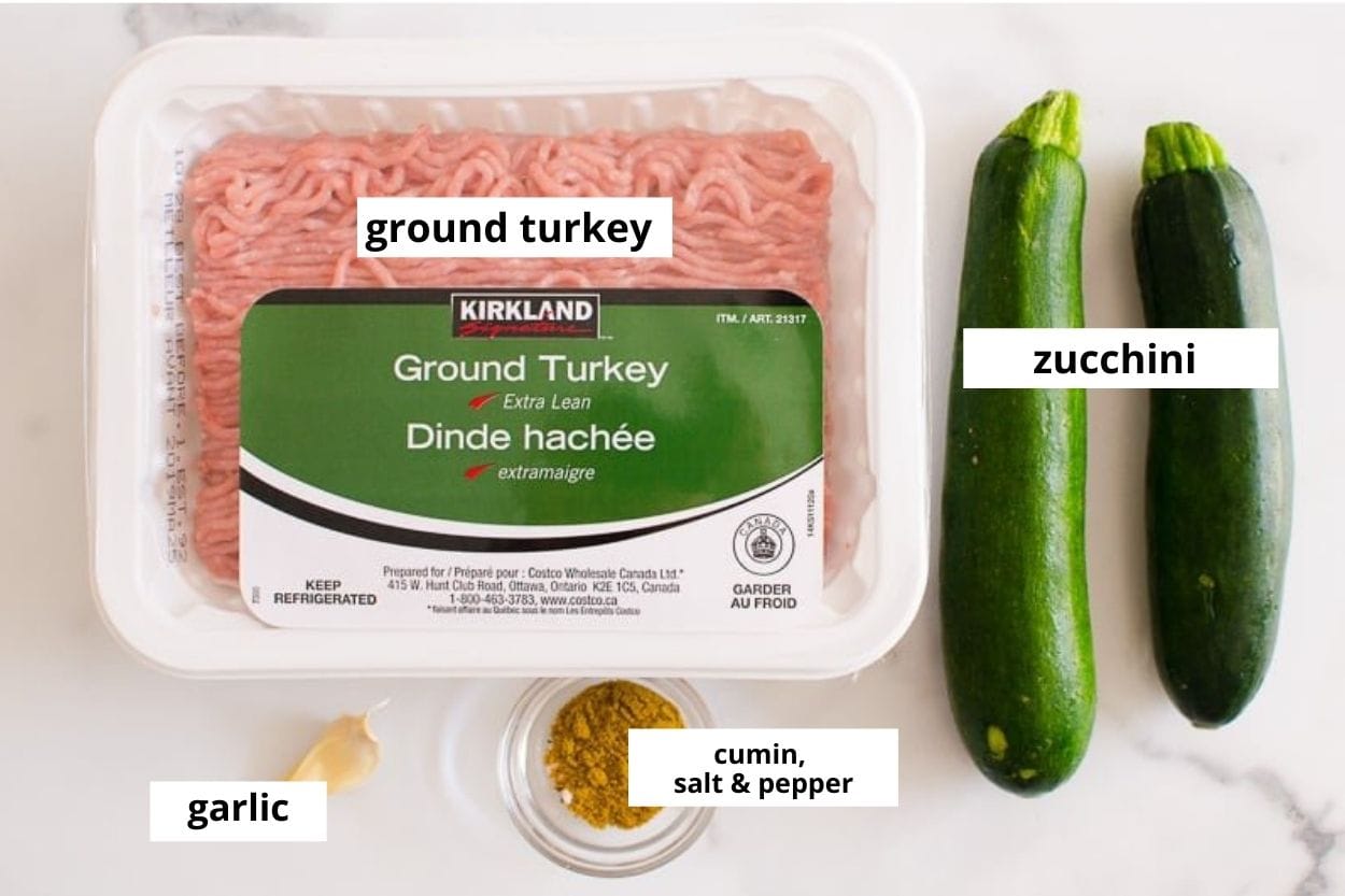 Ground turkey, zucchini, garlic, cumin, salt and pepper.