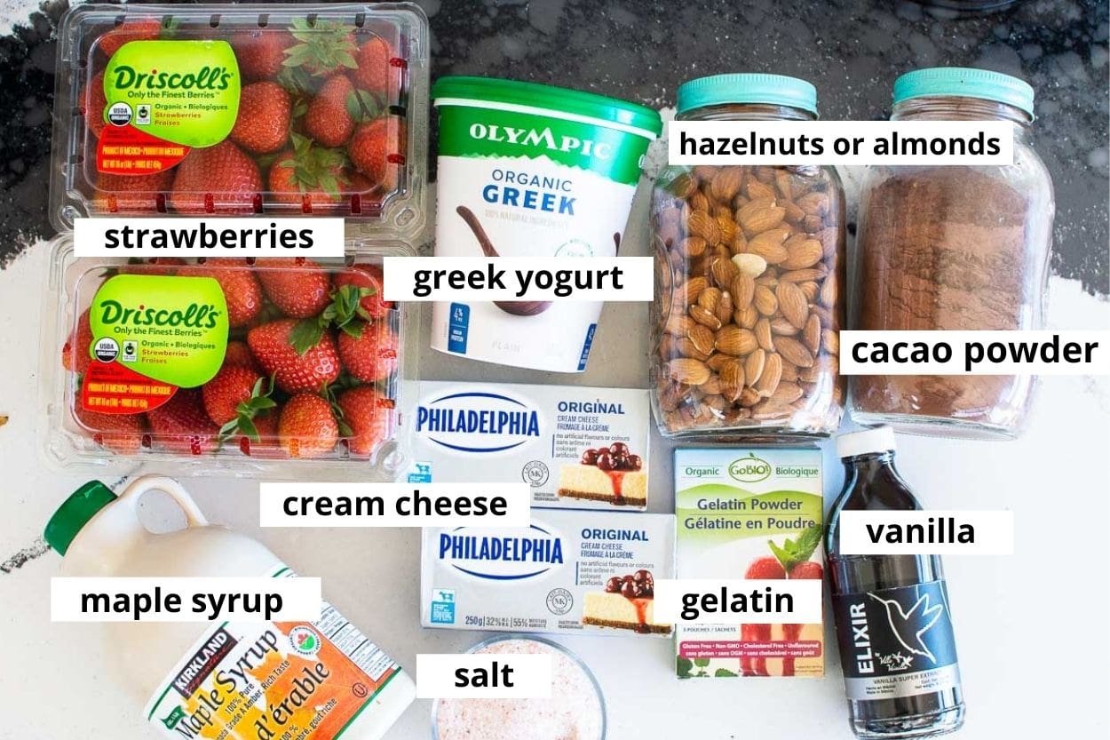Strawberries, Greek yogurt, cream cheese, almonds, cacao powder, gelatin, maple syrup, vanilla, salt.
