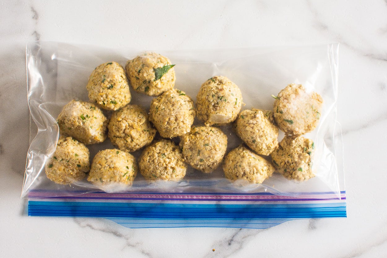 chickpea quinoa falafel recipe in freezer bag