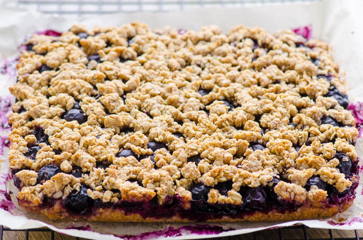 Blueberry oatmeal bars resting on cooling rack.