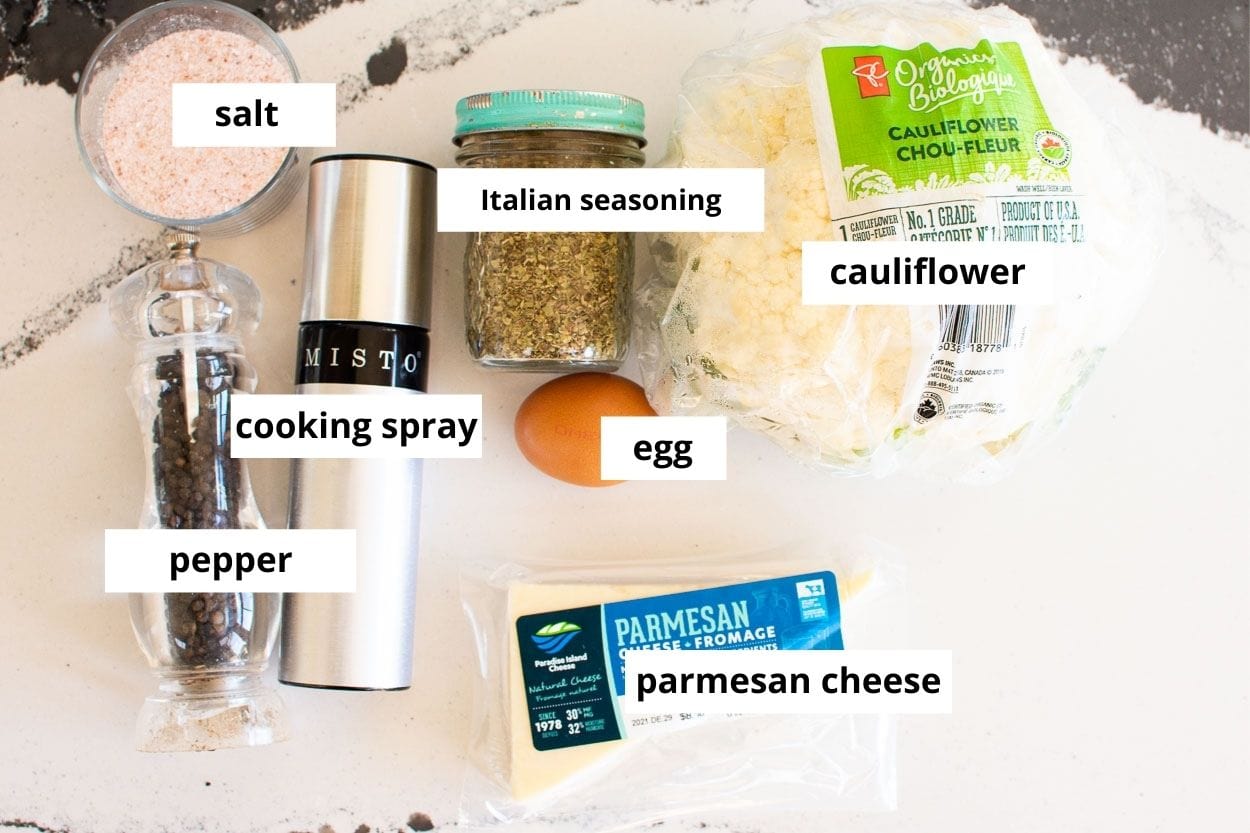 A head of cauliflower, egg, Parmesan cheese, Italian seasoning, salt, pepper, cooking spray.