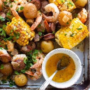 instant pot shrimp boil finished on a platter with corn