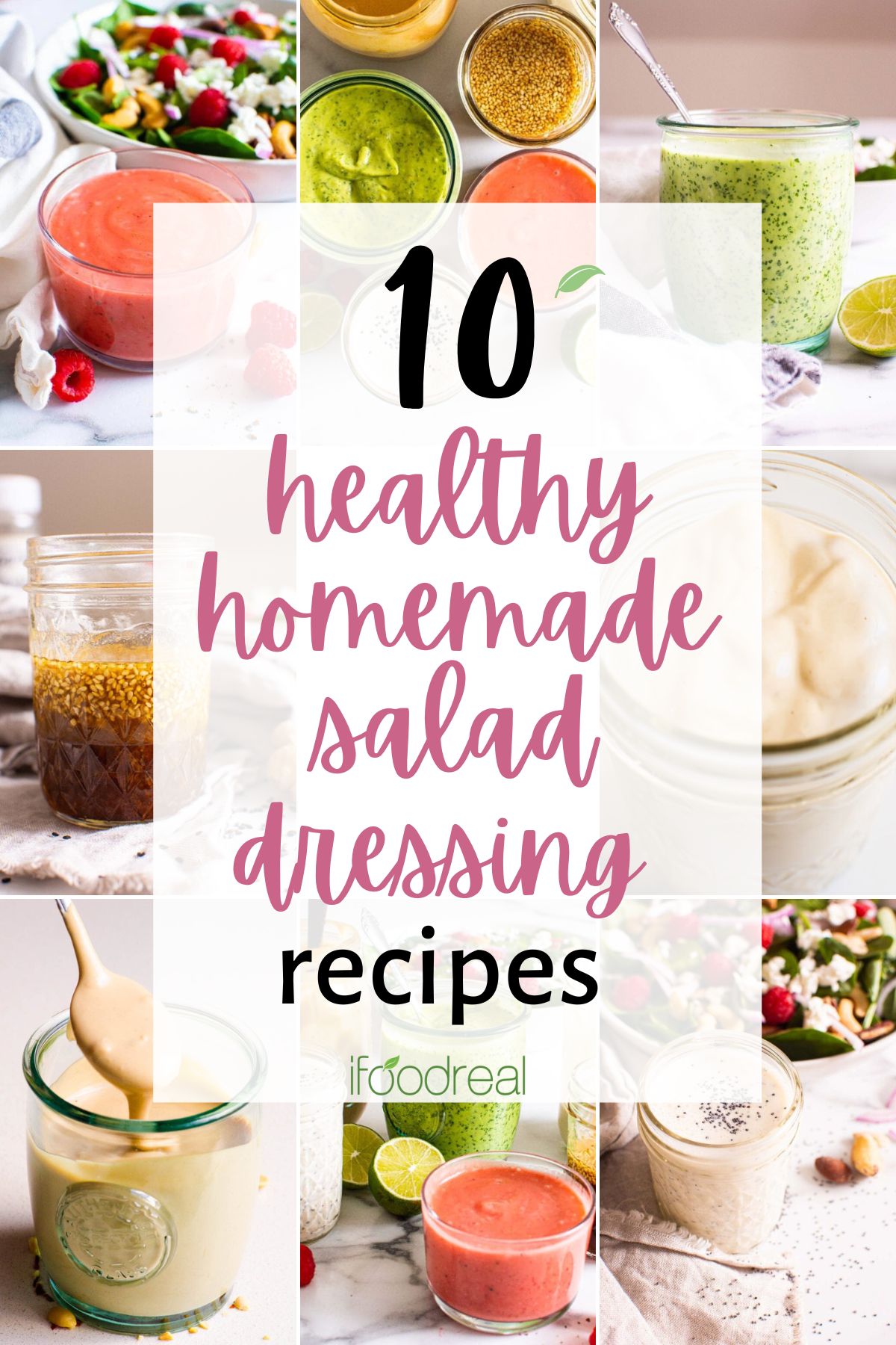 A collage of healthy homemade salad dressings in jars and on salads.