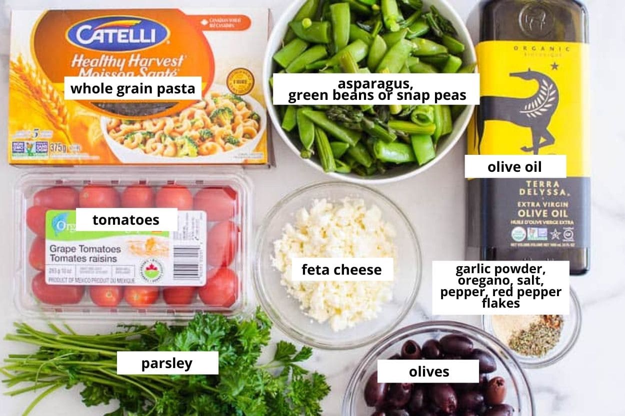 Whole grain pasta, tomatoes, asparagus, snap peas, feta, olive oil, parsley, olives, seasonings.
