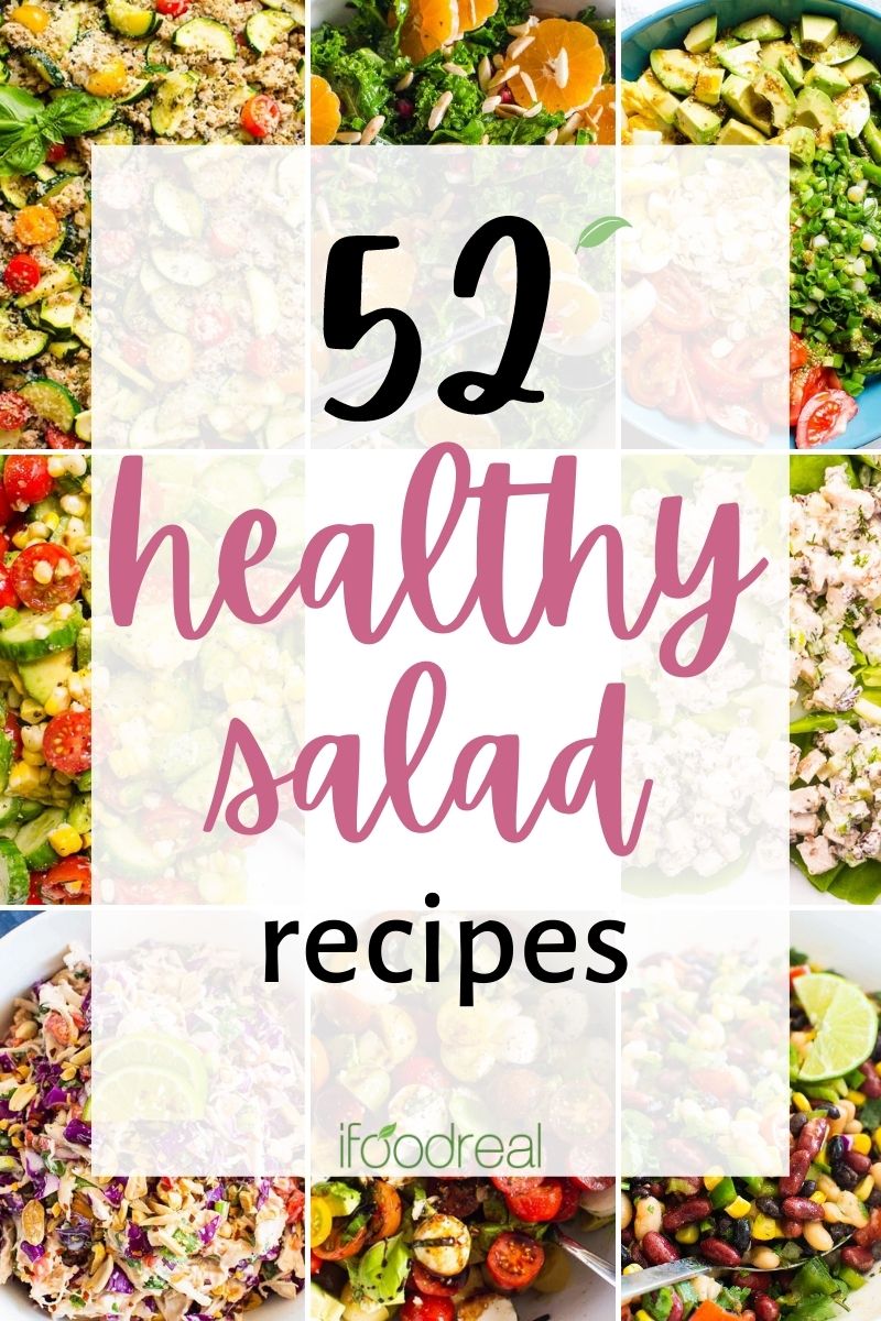 Collage with 52 healthy salad recipes for dinner or lunch.