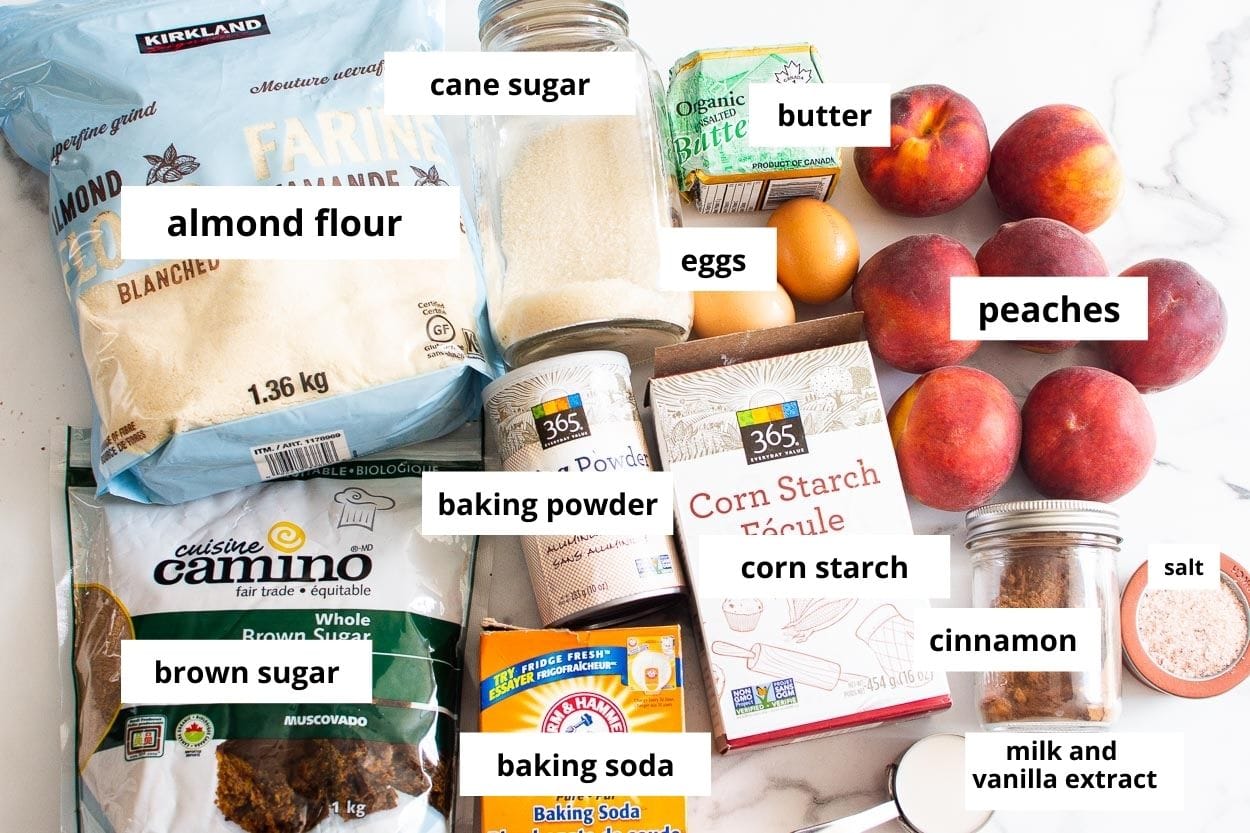 Peaches, almond flour, brown sugar, eggs, butter, cane sugar, cinnamon, milk, baking soda, baking powder, cornstarch.