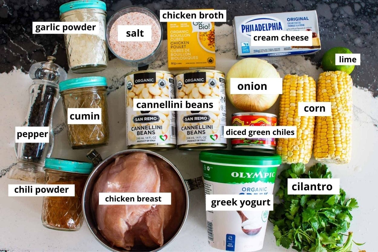 Chicken breasts, corn, beans, yogurt, cream cheese, spices, cilantro, lime, stock, onion.