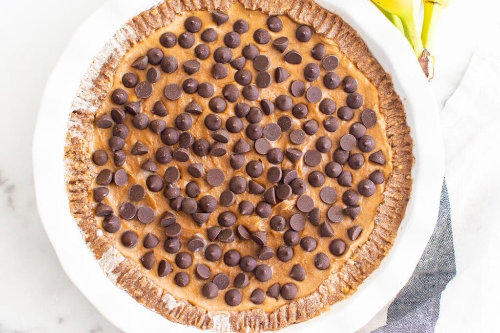 No bake peanut butter pie topped with chocolate chips.