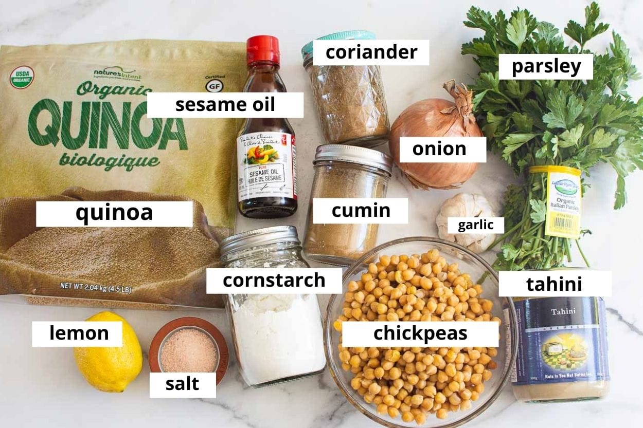 Quinoa, chickpeas, onion, tahini, parsley, cornstarch, lemon, salt, oil, coriander, garlic.
