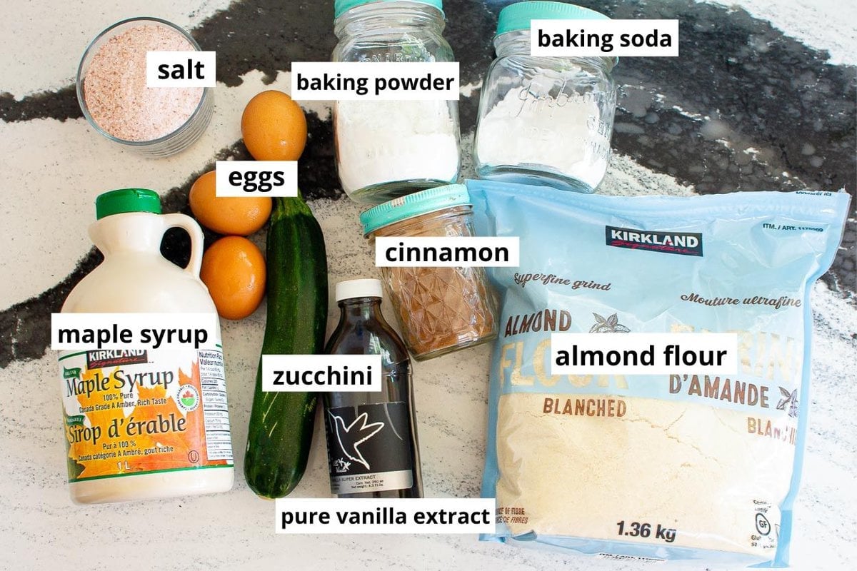 Almond flour, zucchini, eggs, salt, baking powder, baking soda, cinnamon, maple syrup and vanilla.