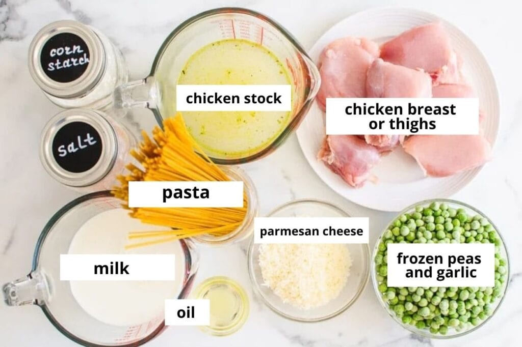 Chicken breasts, chicken stock, parmesan cheese, peas, milk, pasta, cornstarch and salt.