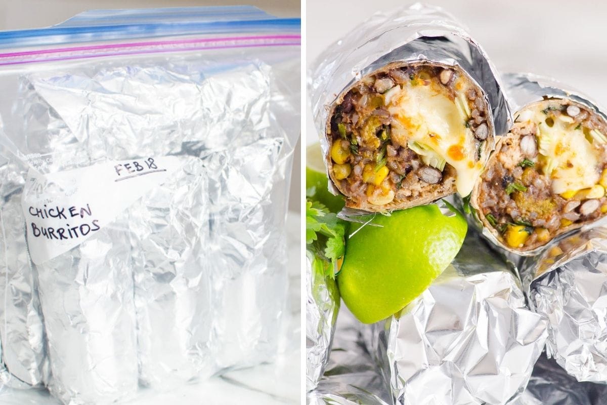 Chicken burritos freezer meal prep and cooked burritos wrapped in foil.