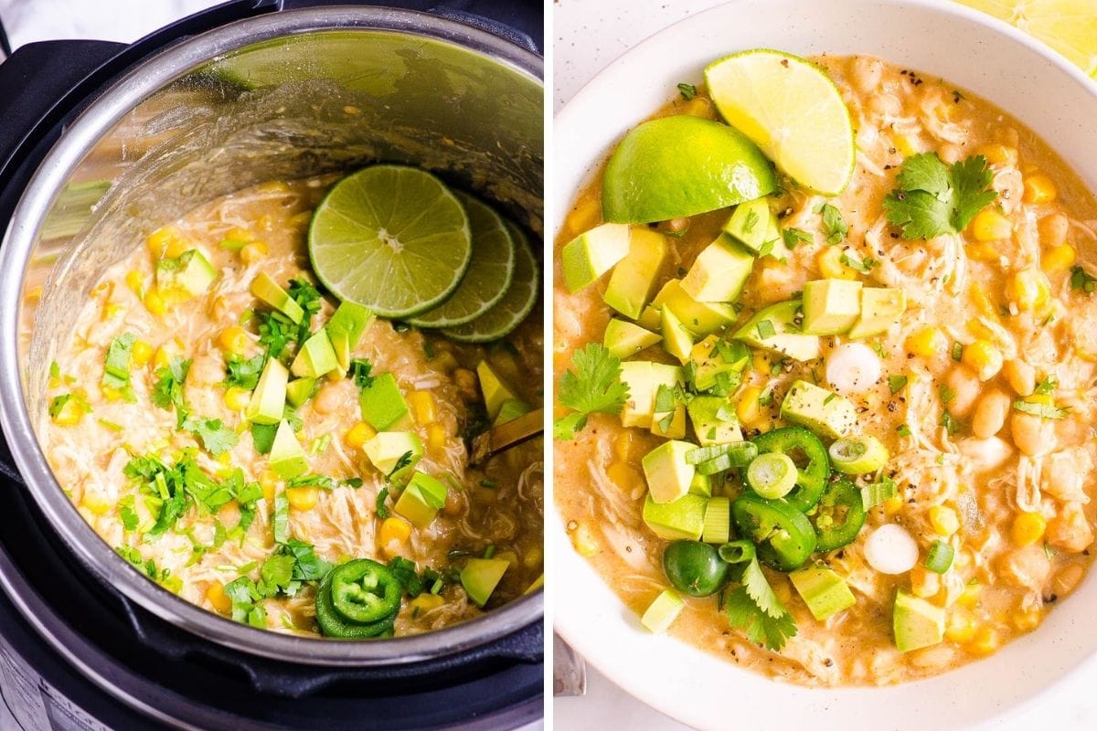 Instant pot white chicken chili in pressure cooker and served in a bowl.