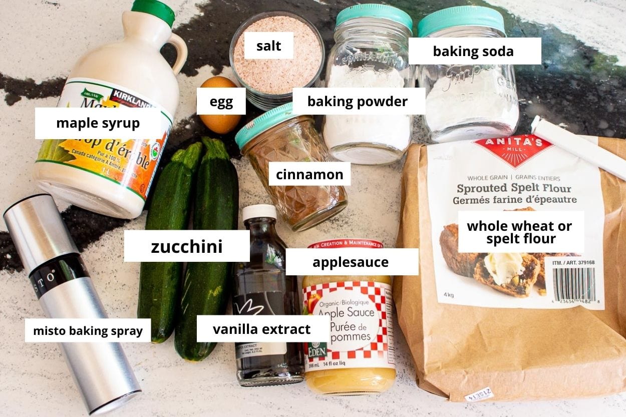 Zucchini, maple syrup, spelt flour, applesauce, baking soda, baking powder, salt, egg, vanilla, cinnamon, misto.