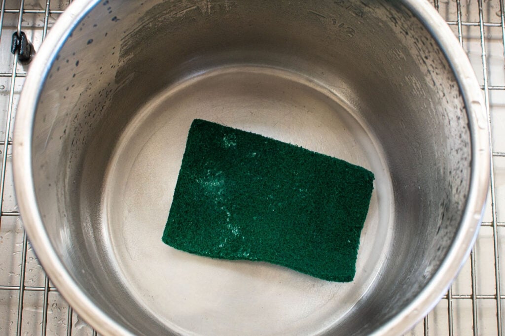 green scouring pad in the pot